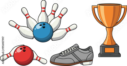 Vector illustration of bowling balls, pins, shoes, and trophy representing sport equipment, competition, and recreational achievement