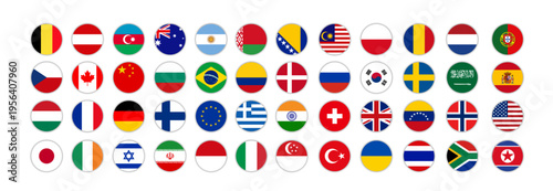 World Flags Circular Icons Set - International Country Flags Collection in Round Button Style on White Background