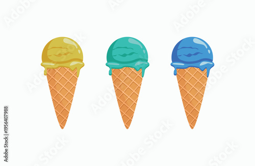 Three ice cream cones sit side by side. Each cone holds a different colored scoop. Golden, teal, and blue ice creams gleam softly. Waffle cones show crisp, diamond patterns. Bright colors bring joy