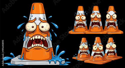 Crying and screaming orange traffic cones vector illustration set with distressed cartoon faces