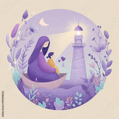 A mother and child in a boat near a lighthouse, perfect for Mother's Day cards or nursery decor.