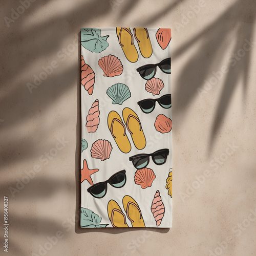 A bold beach towel pattern with seashells, flip-flops, and sunglasses on sand with palm tree shadow, perfect for summer branding or textile design.