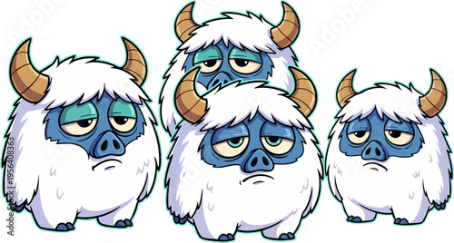 Sad and tired cartoon yeti monsters with white fur and blue faces vector illustration