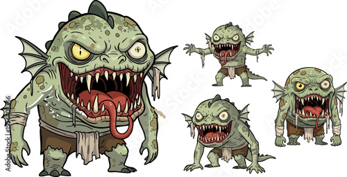 Set of 4 cartoon green swamp monster vector illustrations with sharp teeth and fins for fantasy games