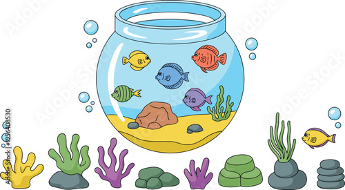 Vector illustration of colorful fish in aquarium bowl with plants, coral, and stones for marine and decorative design