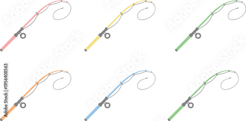Vector illustration of colorful fishing rods with reels, hooks, and lines for outdoor sport, hobby, and equipment design
