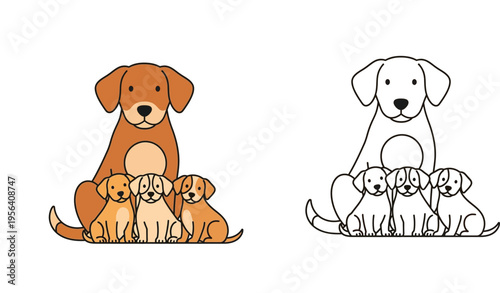 Vector illustration of a cute brown mother dog sitting with three puppies, includes flat color and black outline coloring book versions