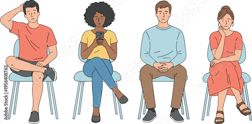 Vector illustration of four seated people with varied postures and expressions for lifestyle, emotion, and character design
