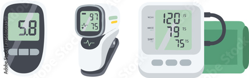 Vector illustration of health monitoring devices including blood glucose meter, pulse oximeter, and digital blood pressure monitor