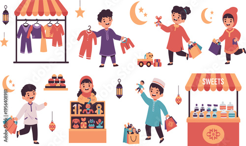 Happy Muslim Children Shopping for New Clothes Toys and Sweets at Traditional Ramadan Night Market Festival with Festive Decorations and Islamic Background Elements
