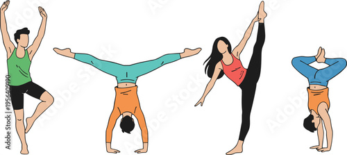 Vector illustration of individuals performing yoga and acrobatic poses showcasing balance, flexibility, and strength for fitness design