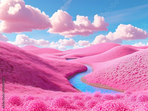 Surreal Pink Landscape with Winding River and Fluffy Clouds Fantasy Scenery