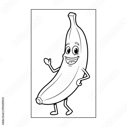 A cartoon banana character with a smiling face waves hello presented in a simple line drawing