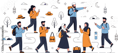 Diverse Group of Travelers and Backpackers with Cameras Exploring Nature and Sightseeing for Summer Vacation Adventure Tourism and Global Travel Concept Illustration