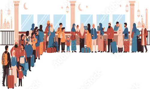 Diverse Muslim Families and Travelers with Luggage Waiting in a Long Queue for Hajj or Umrah Pilgrimage Journey at Airport Departure Terminal Illustration