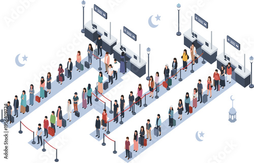 Isometric View of Large Crowds Waiting in Airport Security Checkpoint Queues with Baggage and Ticket Counters for Travel Logistics and Holiday Transit Concepts