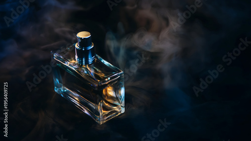 Moody studio shot of a glass cologne bottle with blue cap, warm amber liquid, dramatic rim lighting and swirling smoke on dark background