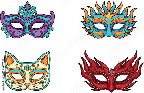 Vector illustration of ornate masquerade masks with decorative designs, colorful patterns, and festive carnival costume style