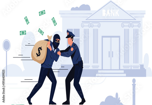 Police Officer Arresting a Bank Robber Carrying a Money Bag with Falling Cash and Bank Building Background for Law Enforcement and Crime Prevention