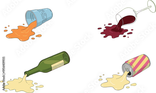 Vector illustration of spilled beverages from cup, wine glass, bottle, and can showing dynamic liquid splash design