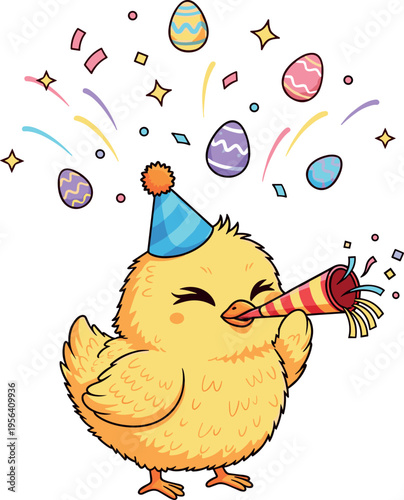 Cute cartoon chick celebrating with party blower and easter eggs