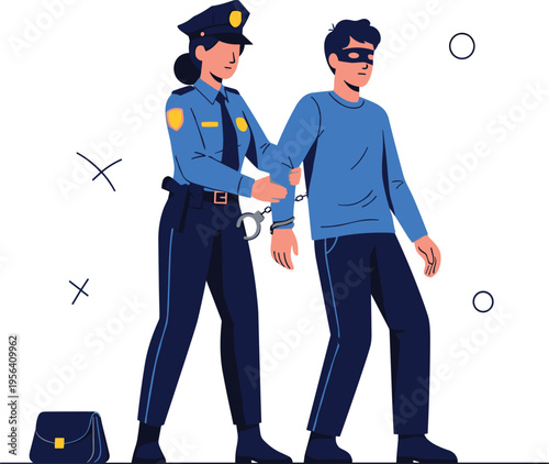 Police Officer Arresting a Masked Thief in Handcuffs with Stolen Handbag Illustration for Law Enforcement Crime Prevention and Public Safety Concepts
