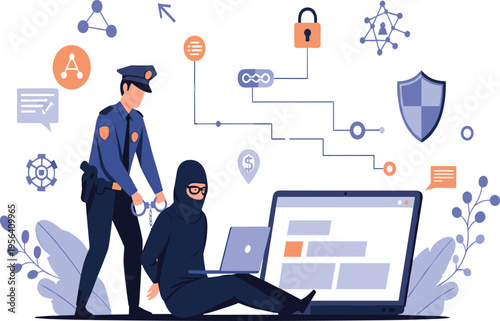 Cyber Police Officer Arresting a Computer Hacker in Handcuffs with Digital Data Icons and Security Shield for Cybersecurity and Online Crime Protection Concepts