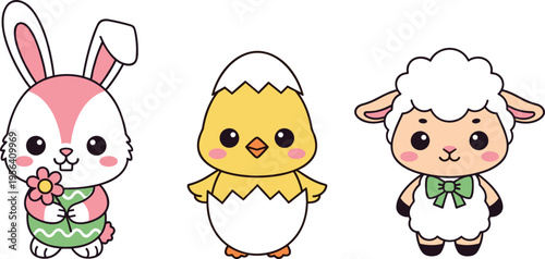 Cute easter characters set with a bunny, a chick and a lamb