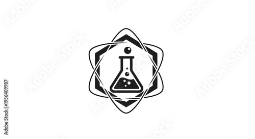 Chemistry flask icon with atomic orbital design symbolizes laboratory.