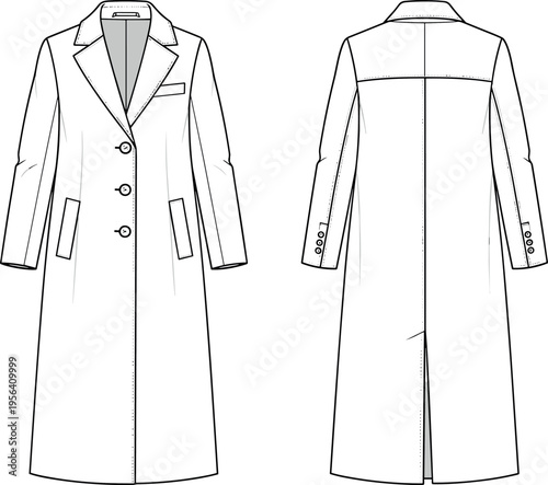 Longline tailored wool coat fashion technical drawing vector illustration with notched lapel three button closure front and back view template