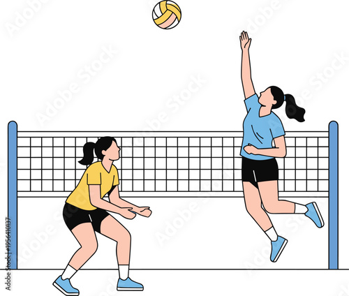 Vector illustration of volleyball players spiking and defending at the net for sports, fitness, and competition design