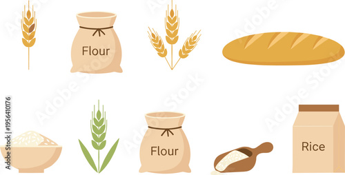 Vector illustration of wheat, rice, flour sacks, bread, and grain products for agriculture, culinary, and nutrition design