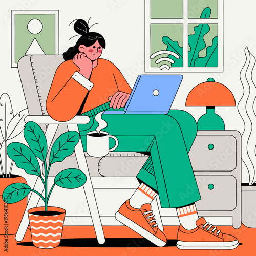 woman working from home on laptop with coffee