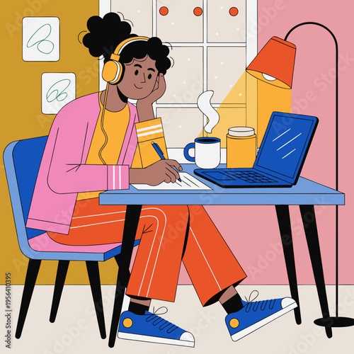 young woman studying with laptop and headphones