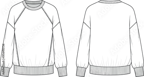 White sweatshirt technical fashion flat sketch with raglan seams ribbed crew neck long sleeves and elasticized hem for apparel design template.