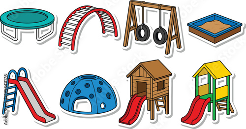 Colorful playground equipment illustration set featuring trampoline, climbing ladder, swing set, sandbox, slides, playhouse, dome structure, creative children’s artwork.
