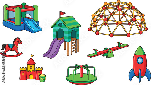 Colorful playground equipment illustration set featuring bounce house, playhouse, climbing dome, rocking horse, seesaw, merry‑go‑round, rocket structure artwork.