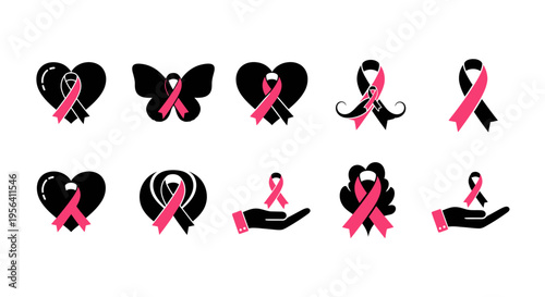 Breast Cancer Awareness Pink Ribbon Icons.