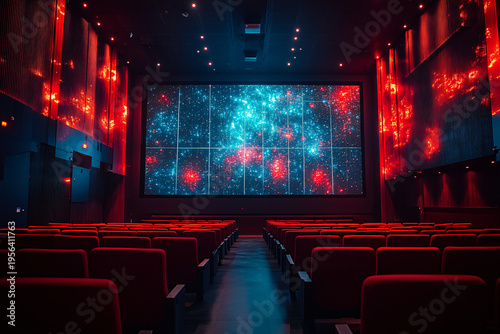 Theater with comfortable seating and galaxy projection on dark background.