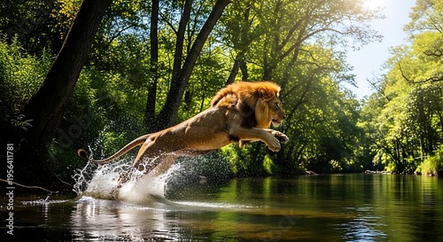 Majestic Lion Leaping Through Water in Lush Forest.