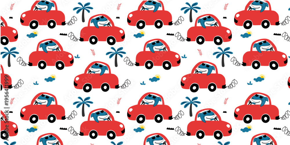 Obraz premium Funny Shark Driving Surf Car Seamless Kids Pattern