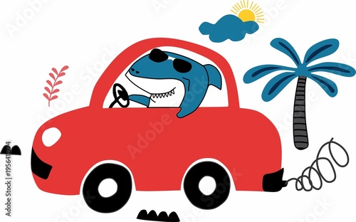 Funny Shark Driving Surf Car Summer Vector Illustration