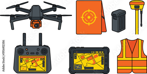 A collection of drone equipment on display includes a drone, controller, tablet, vest, and tools.