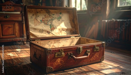 Wallpaper Mural Vintage Open Suitcase with World Map Interior on Wooden Floor. Torontodigital.ca