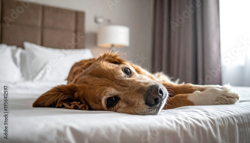 Golden Retriever Dog Relaxing on a Hotel Bed.