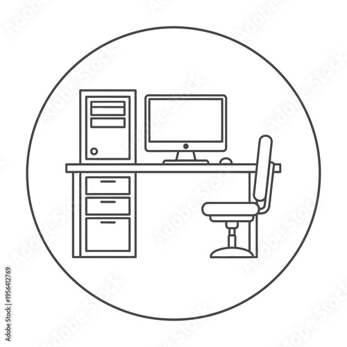 Simple black and white office workspace with computer monitor desktop chair and filing cabinet in circular frame minimalist design