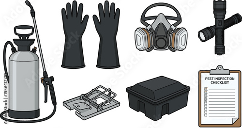 Pest control worker prepares equipment including gloves and sprayer indoors with checklist