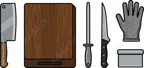 A kitchen scene with cutting tools and a glove on a wooden board