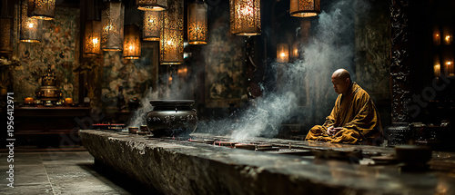 Temple environment with incense smoke and traditional decor.