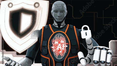 Android robot with AI core and shield symbol holding a padlock icon artificial intelligence technology.